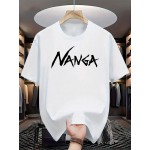 メンズ ブラック カジュアル レタープリントTシャツ - クルーネック、半袖、ストレッチニット生地、「NANGA」デザインの夏のファッショントップ、透けない素材