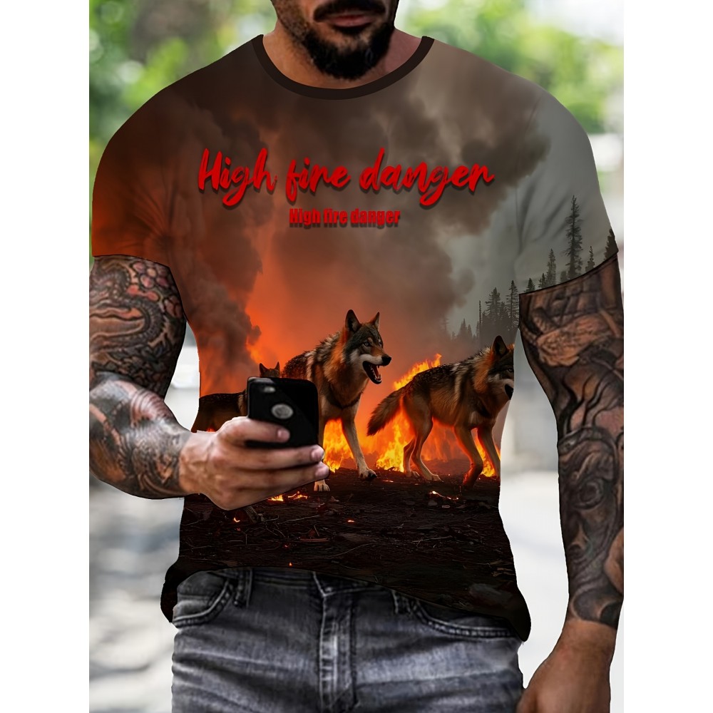 3Dプリンタで作られた狼が火災から逃げるシーン、メンズグラフィックデザインクルーネックアクティブTシャツ、夏のカジュアルで快適なTシャツ、メンズトップデイリーギムワークアウトとランニング用。