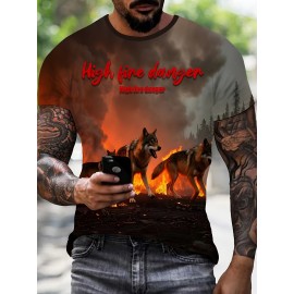 3Dプリンタで作られた狼が火災から逃げるシーン、メンズグラフィックデザインクルーネックアクティブTシャツ、夏のカジュアルで快適なTシャツ、メンズトップデイリーギムワークアウトとランニング用。