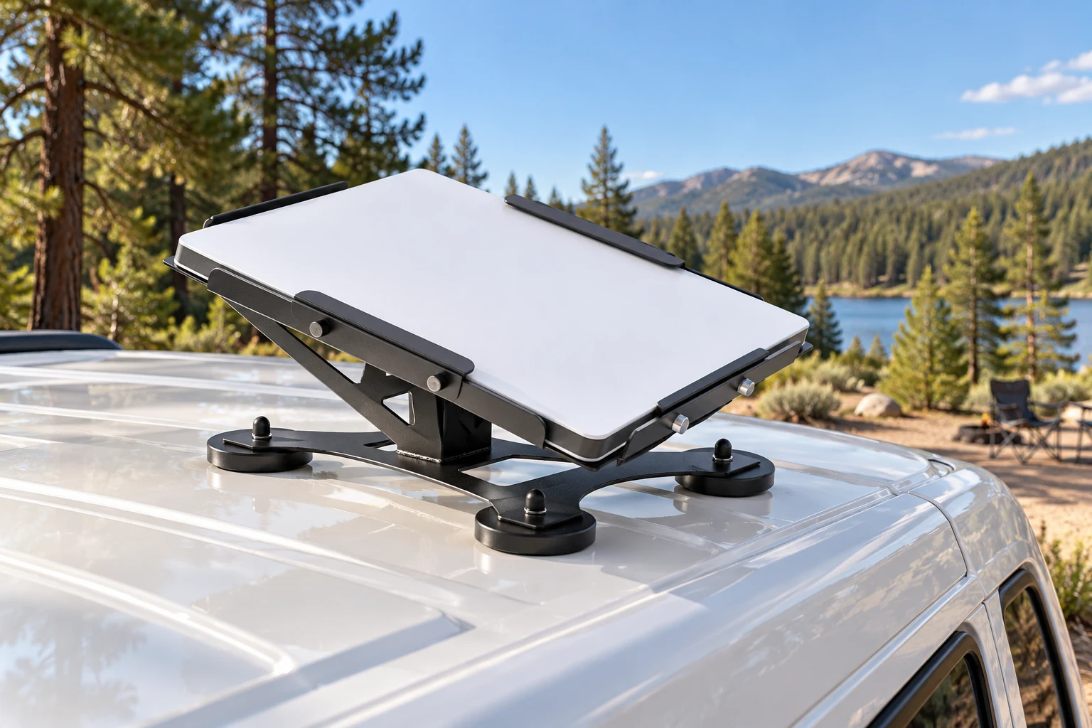 Parked camper escape with CCY-1 — AI-generated installation illustration