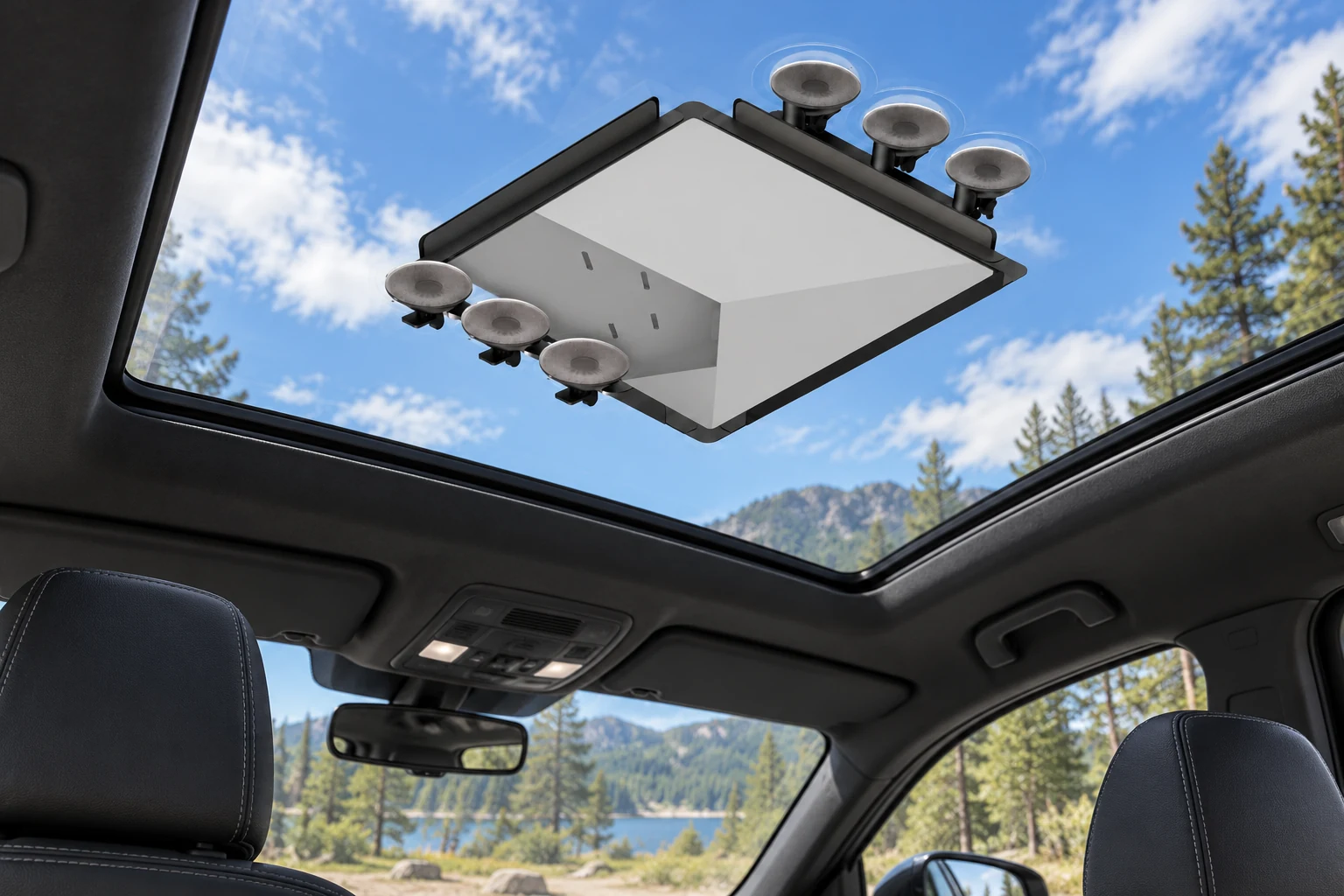 Inside a car sunroof with CXX-1 — AI-generated installation illustration