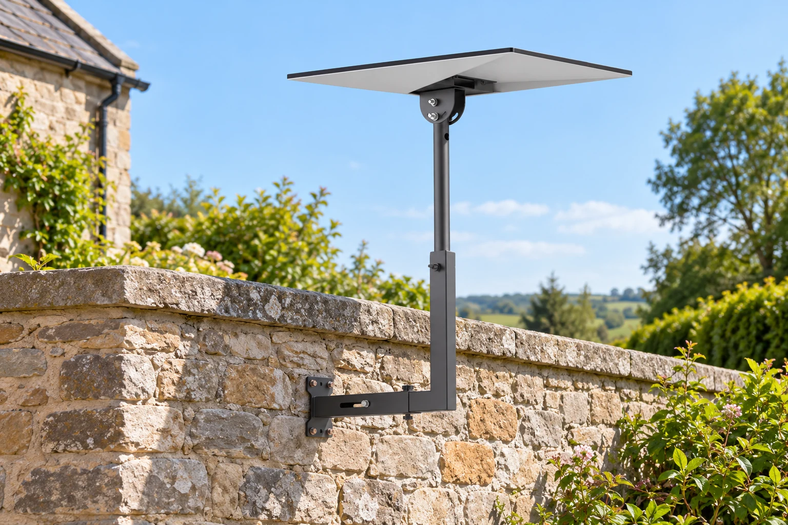 Stone wall offset mount with V4-6 — AI-generated installation illustration